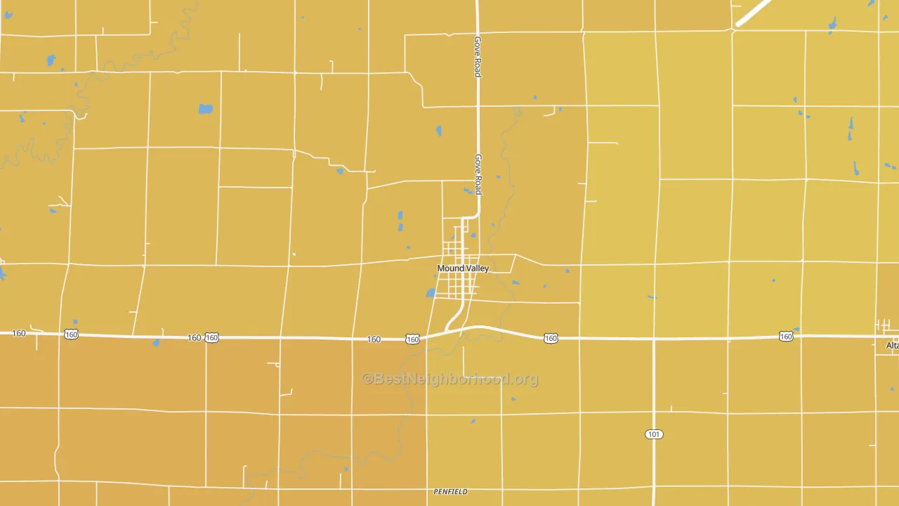 Map of the best neighborhoods in the 67354 area, with better matches in green and worse matches in red