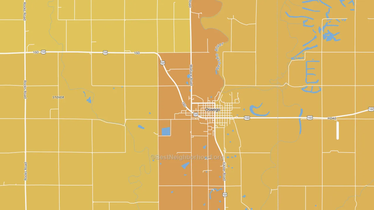 Map of the best neighborhoods in the 67356 area, with better matches in green and worse matches in red