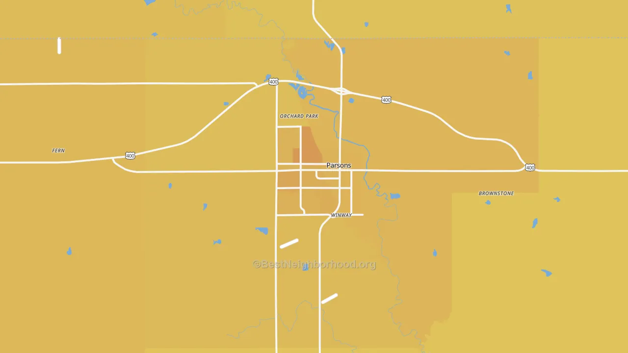 Map of the best neighborhoods in the 67357 area, with better matches in green and worse matches in red