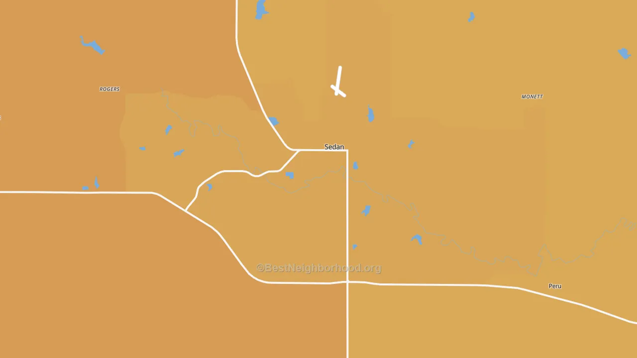 Map of the best neighborhoods in the 67361 area, with better matches in green and worse matches in red