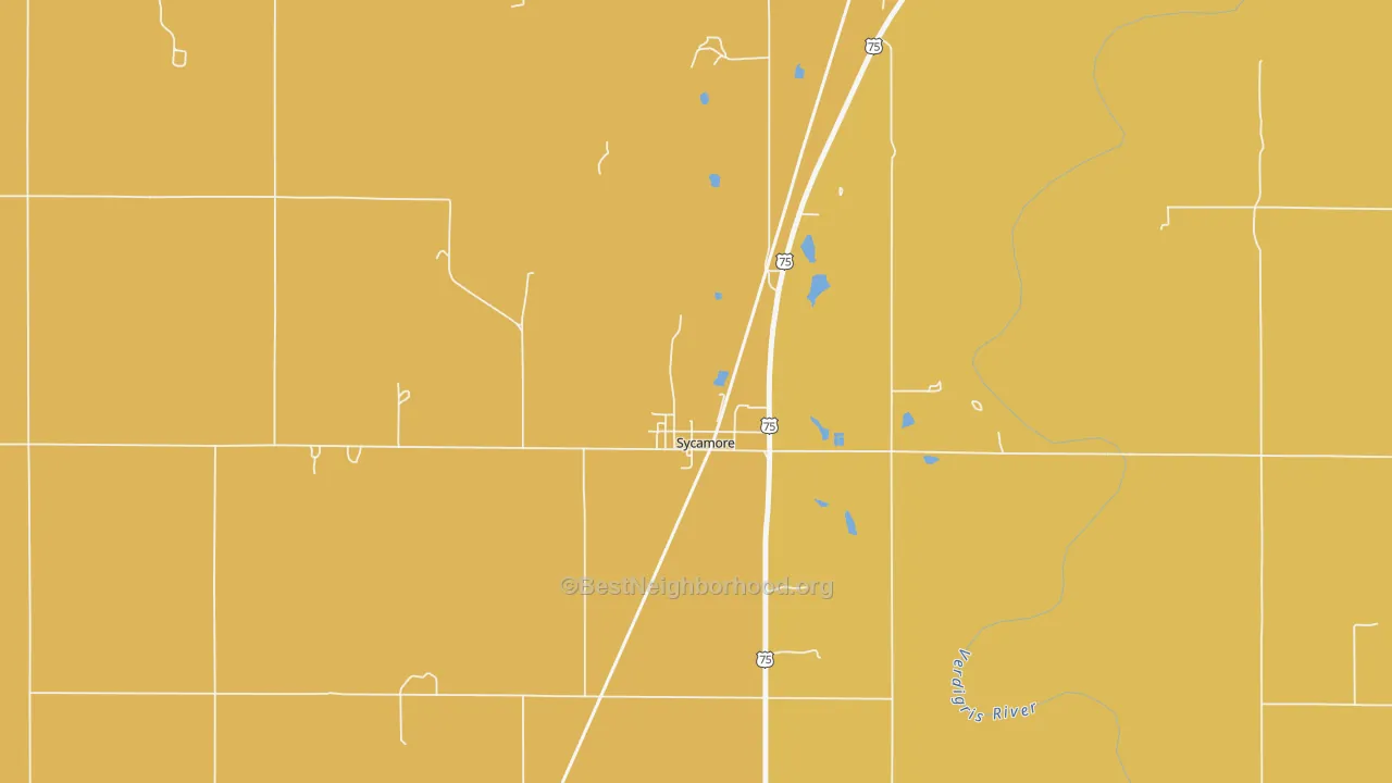 Map of the best neighborhoods in the 67363 area, with better matches in green and worse matches in red