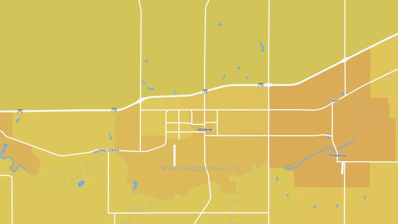 Map of the best neighborhoods in the 67410 area, with better matches in green and worse matches in red