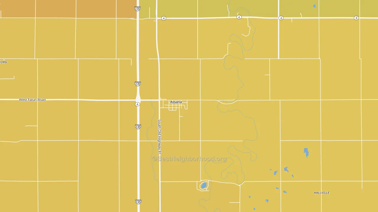 Map of the best neighborhoods in the 67416 area, with better matches in green and worse matches in red