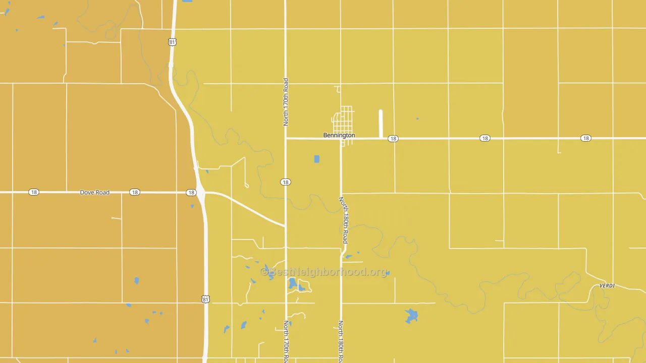 Map of the best neighborhoods in the 67422 area, with better matches in green and worse matches in red