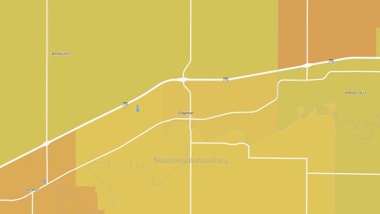 Map of the best neighborhoods in the 67431 area, with better matches in green and worse matches in red