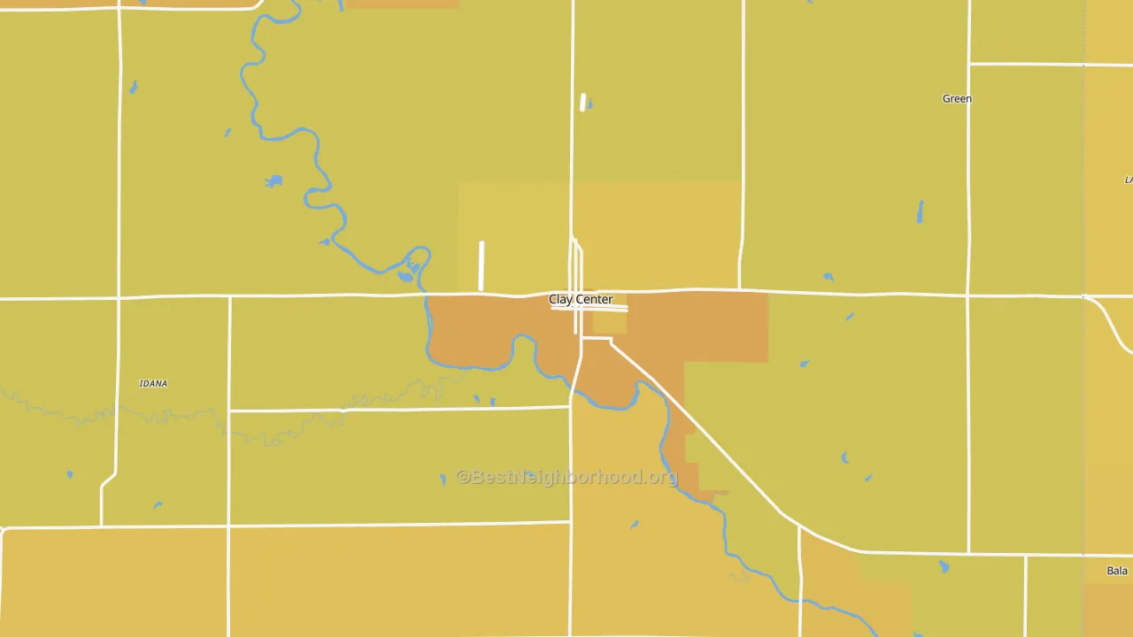 Map of the best neighborhoods in the 67432 area, with better matches in green and worse matches in red