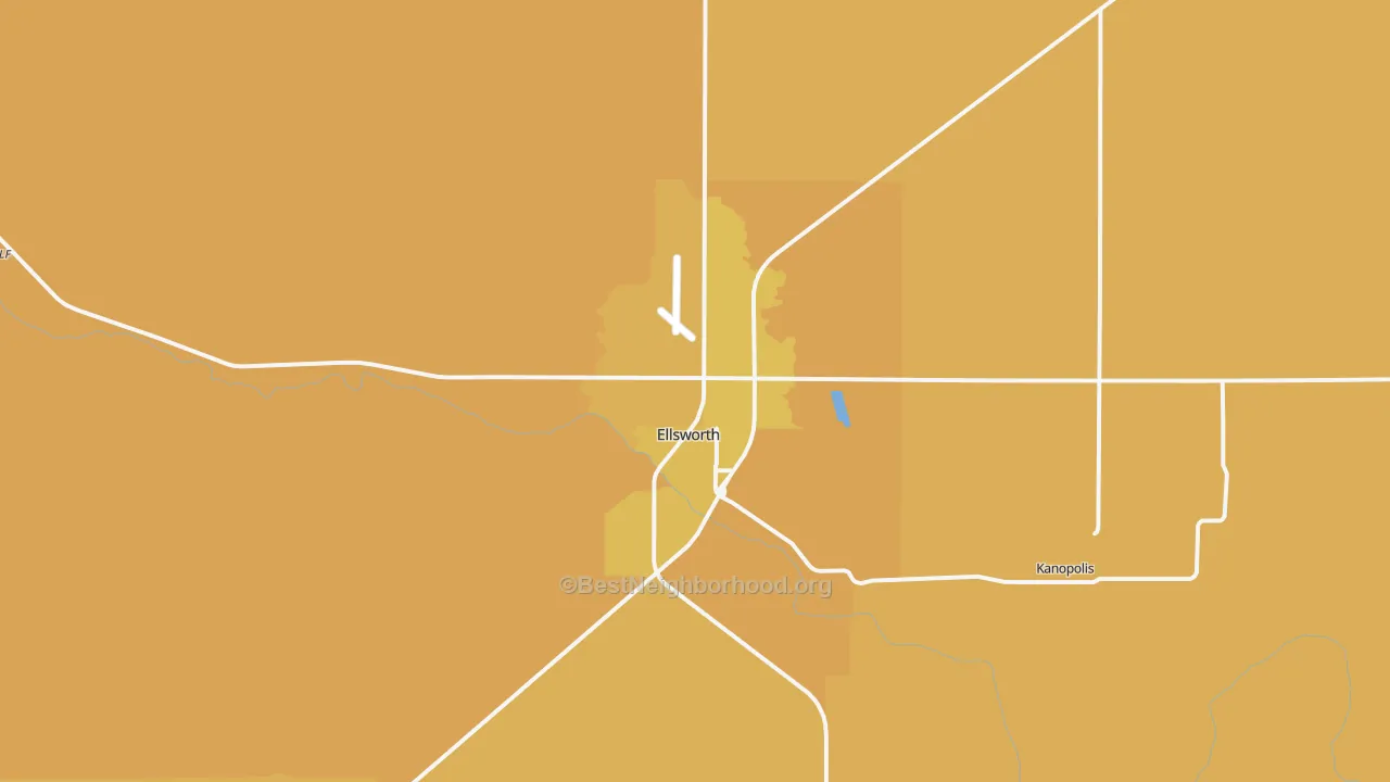 Map of the best neighborhoods in the 67439 area, with better matches in green and worse matches in red
