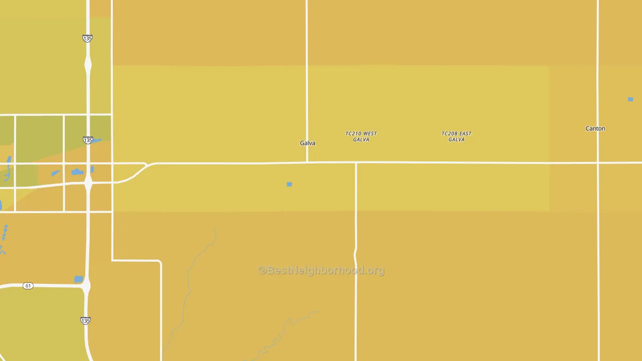 Map of the best neighborhoods in the 67443 area, with better matches in green and worse matches in red