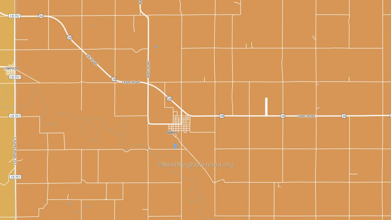 Map of the best neighborhoods in the 67445 area, with better matches in green and worse matches in red