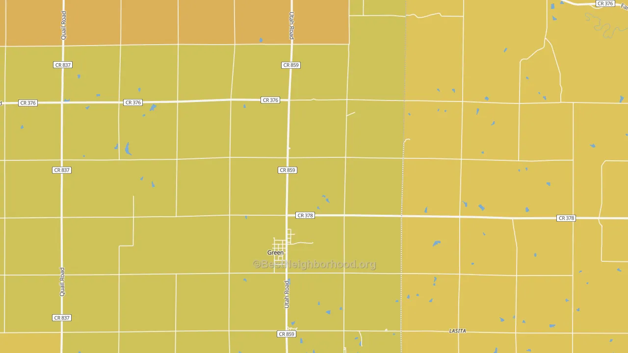 Map of the best neighborhoods in the 67447 area, with better matches in green and worse matches in red