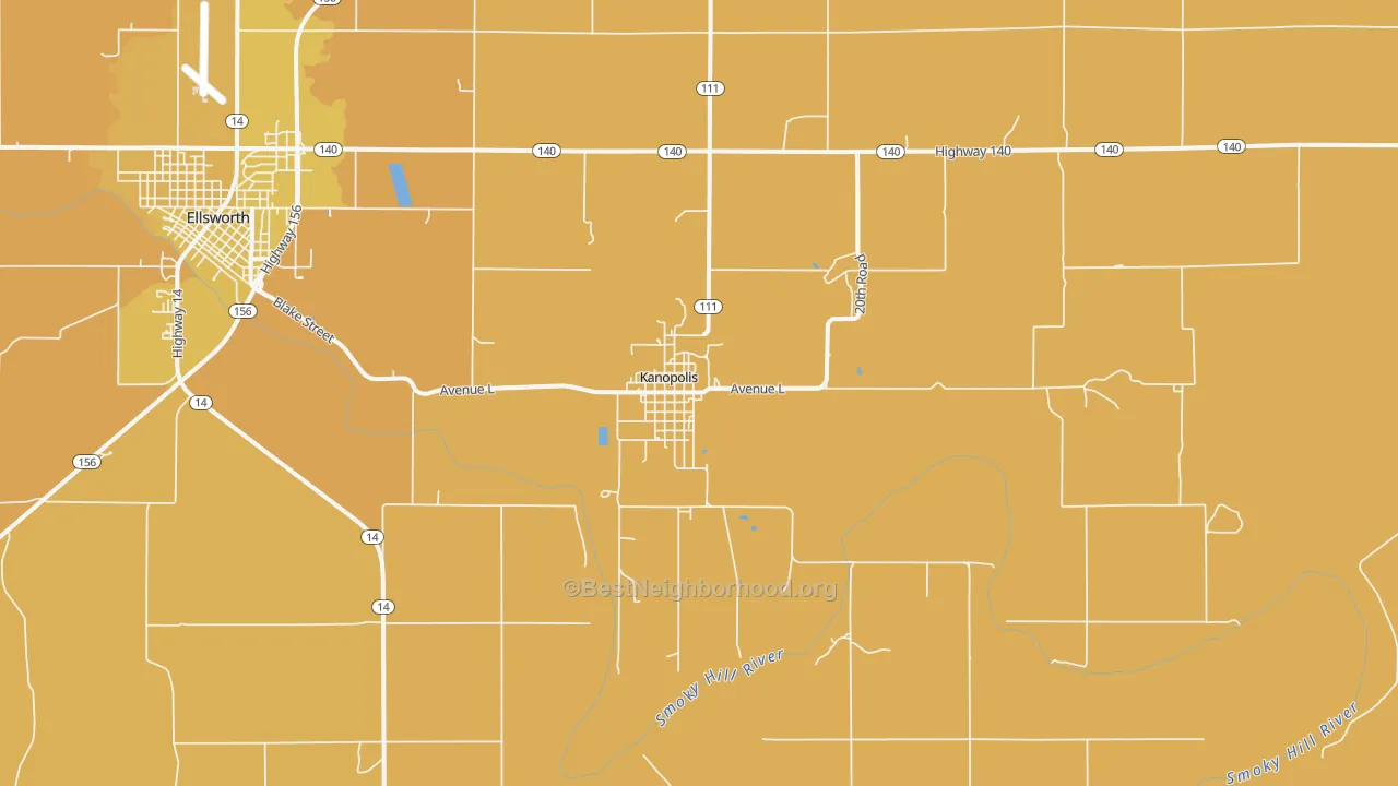Map of the best neighborhoods in the 67454 area, with better matches in green and worse matches in red