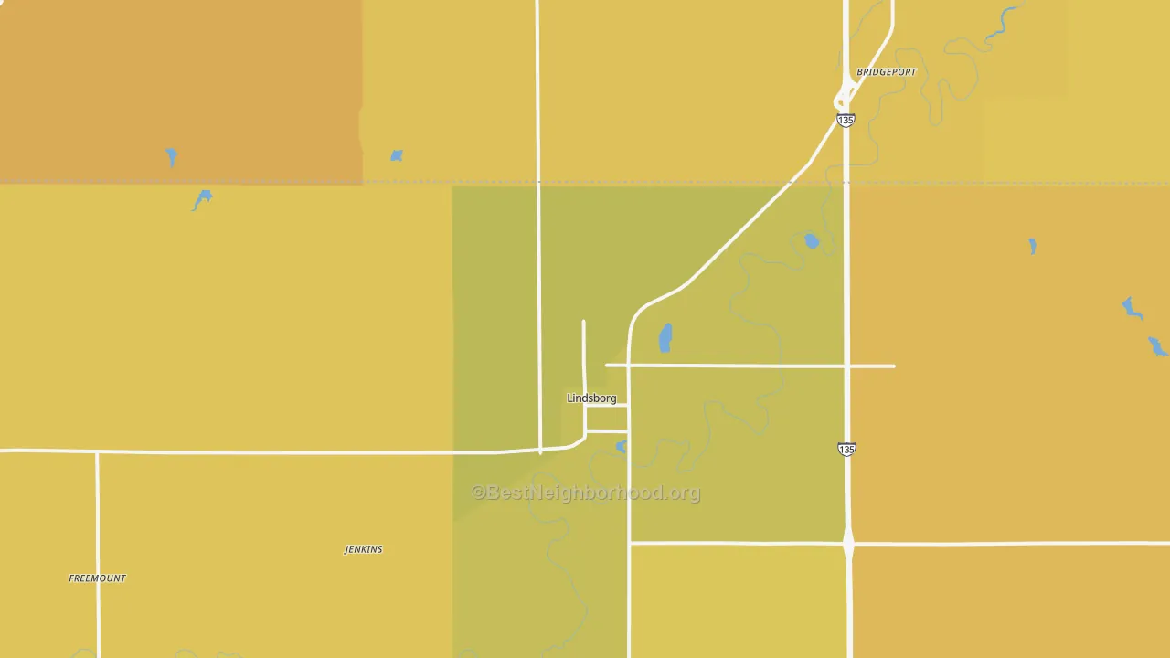Map of the best neighborhoods in the 67456 area, with better matches in green and worse matches in red