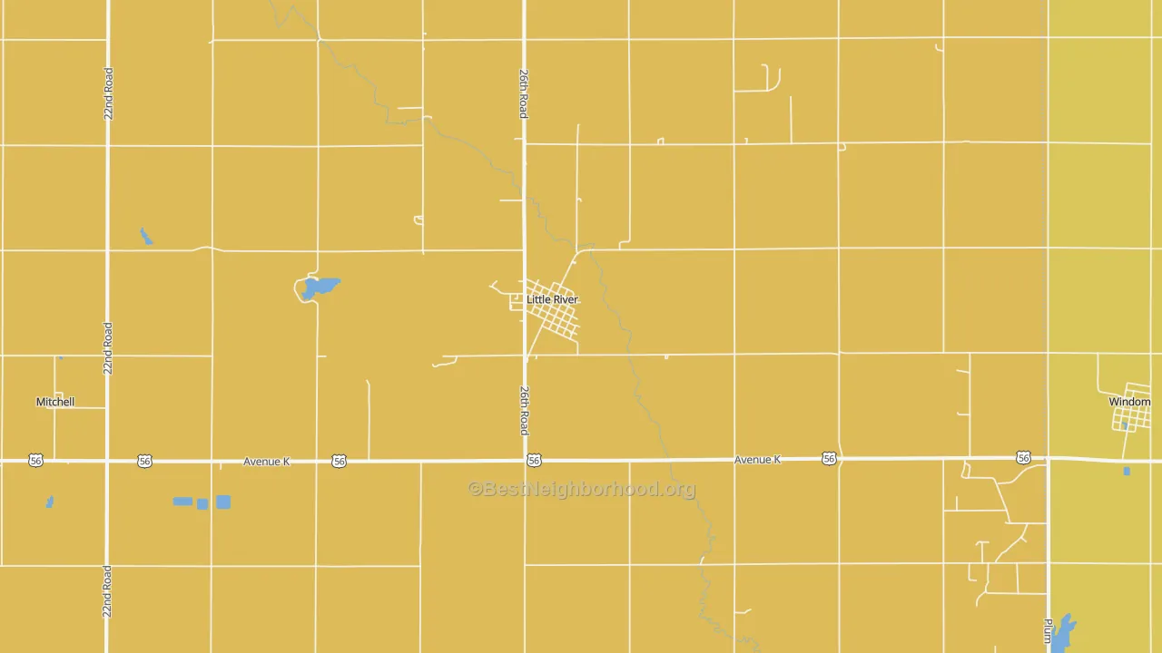 Map of the best neighborhoods in the 67457 area, with better matches in green and worse matches in red