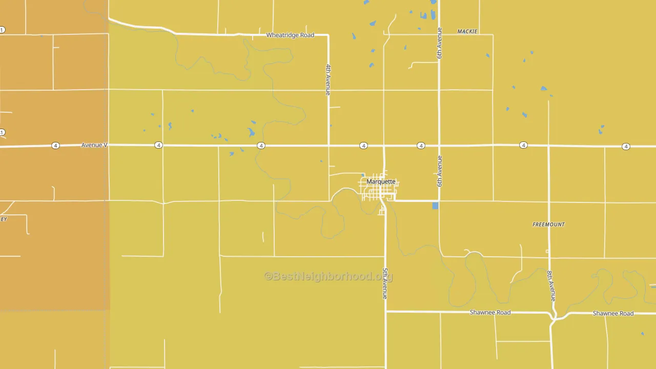 Map of the best neighborhoods in the 67464 area, with better matches in green and worse matches in red