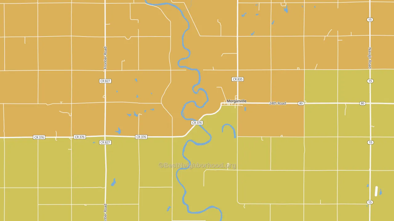 Map of the best neighborhoods in the 67468 area, with better matches in green and worse matches in red