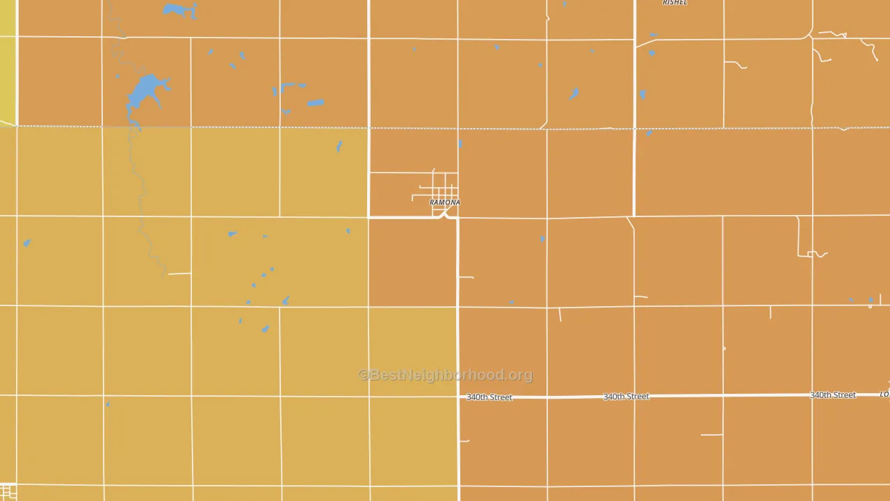 Map of the best neighborhoods in the 67475 area, with better matches in green and worse matches in red