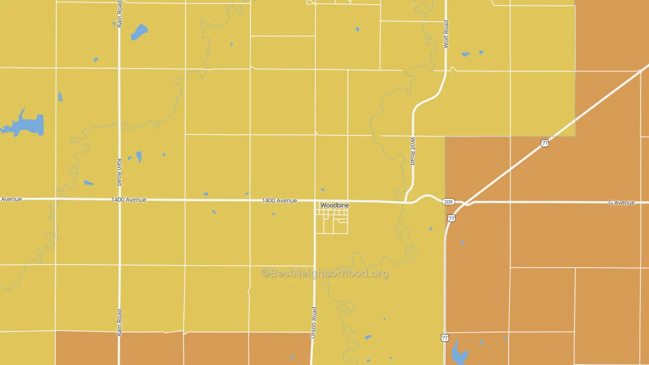 Map of the best neighborhoods in the 67492 area, with better matches in green and worse matches in red
