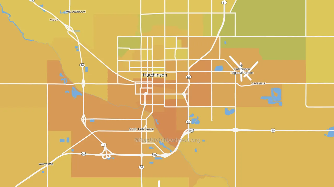 Map of the best neighborhoods in the 67501 area, with better matches in green and worse matches in red