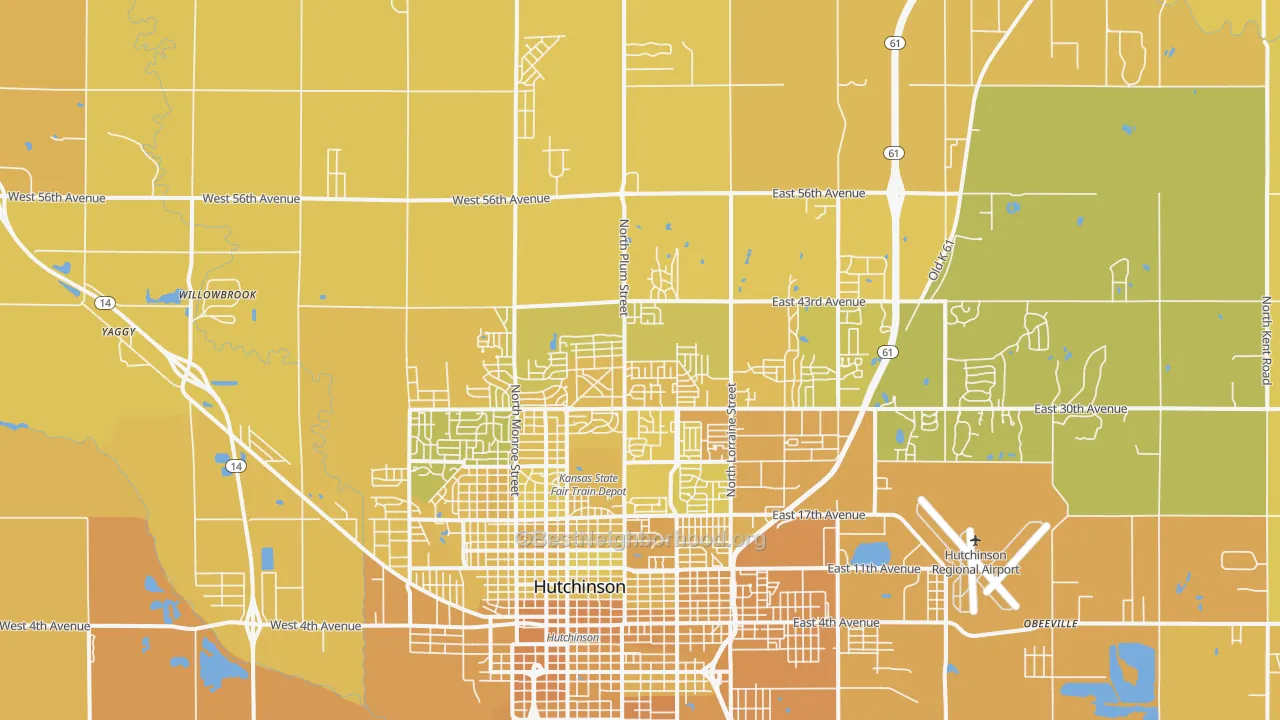 Map of the best neighborhoods in the 67502 area, with better matches in green and worse matches in red