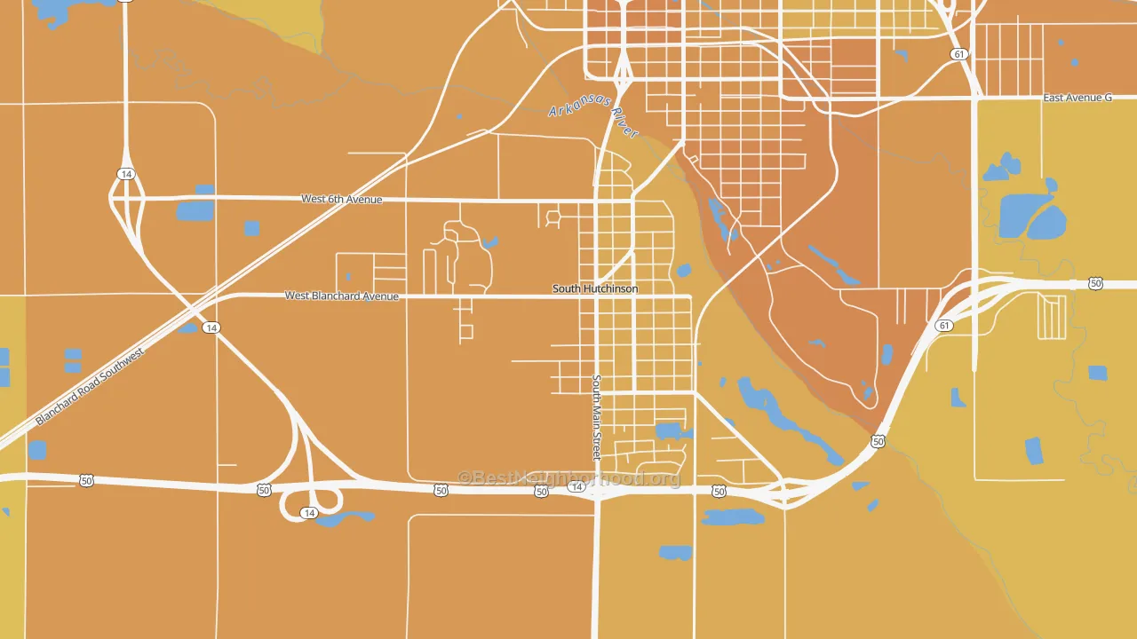 Map of the best neighborhoods in the 67505 area, with better matches in green and worse matches in red