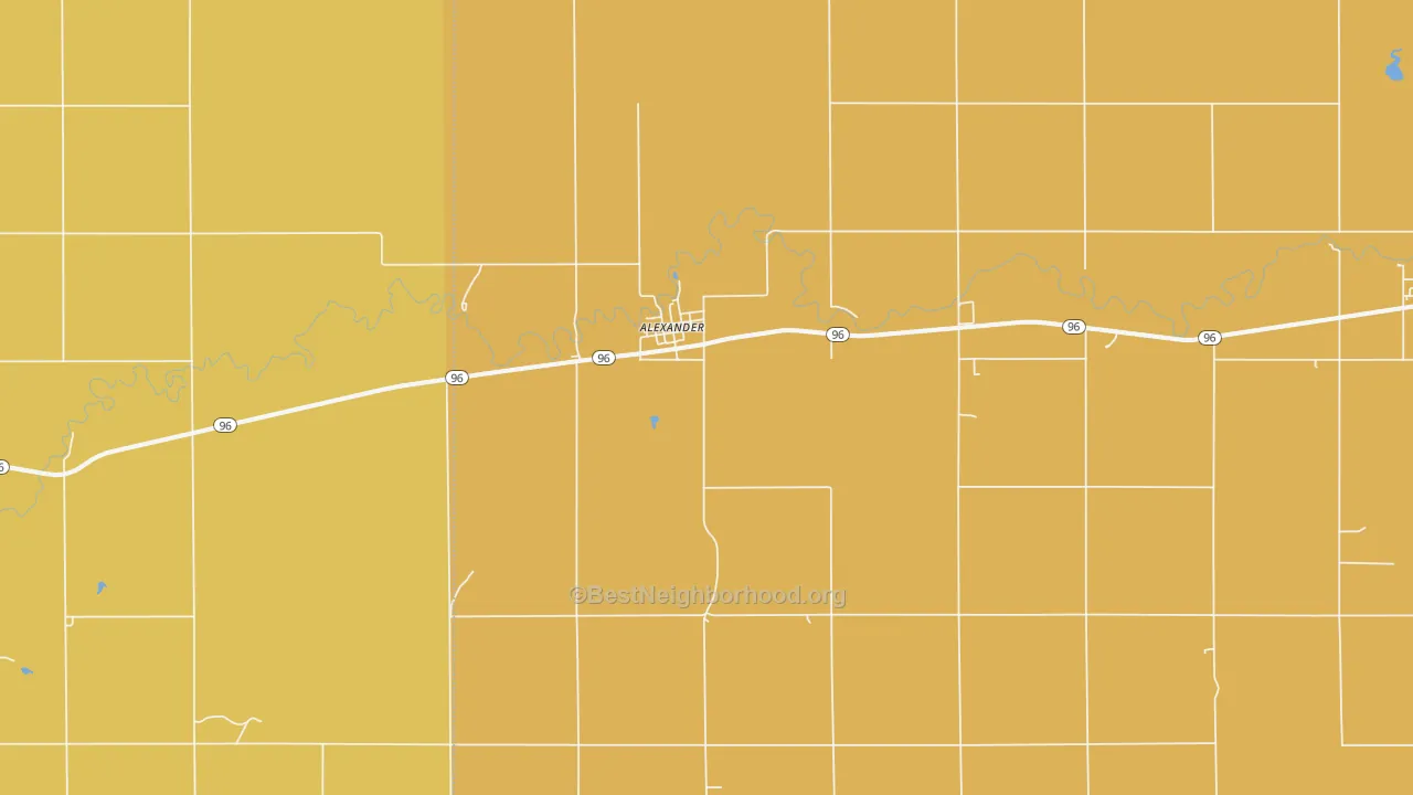 Map of the best neighborhoods in the 67513 area, with better matches in green and worse matches in red