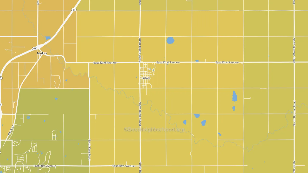 Map of the best neighborhoods in the 67522 area, with better matches in green and worse matches in red
