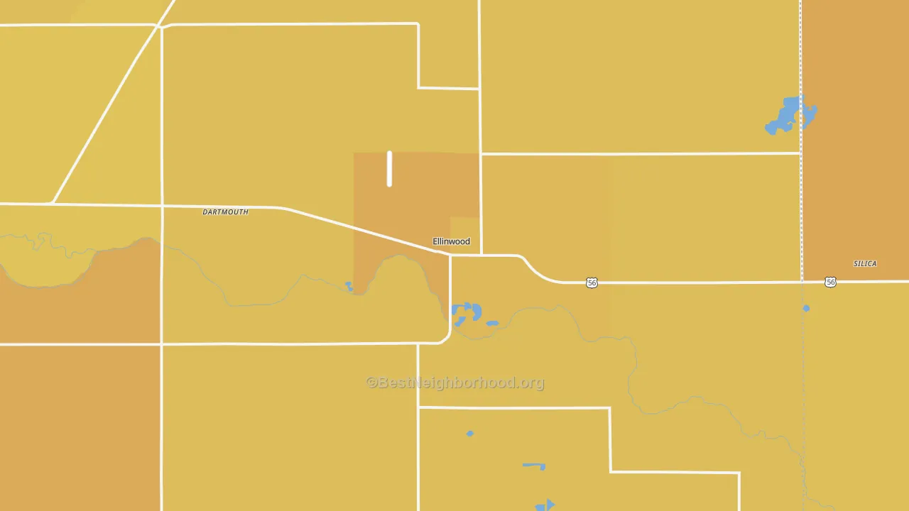 Map of the best neighborhoods in the 67526 area, with better matches in green and worse matches in red
