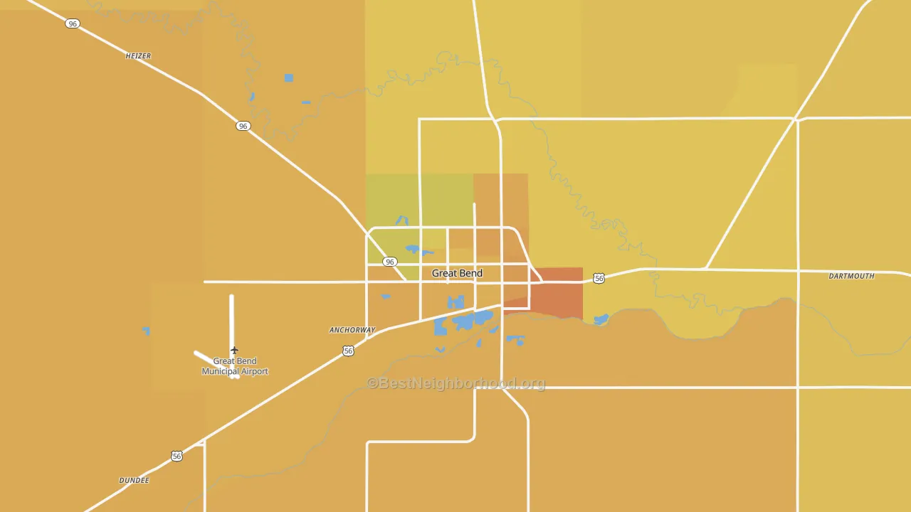 Map of the best neighborhoods in the 67530 area, with better matches in green and worse matches in red