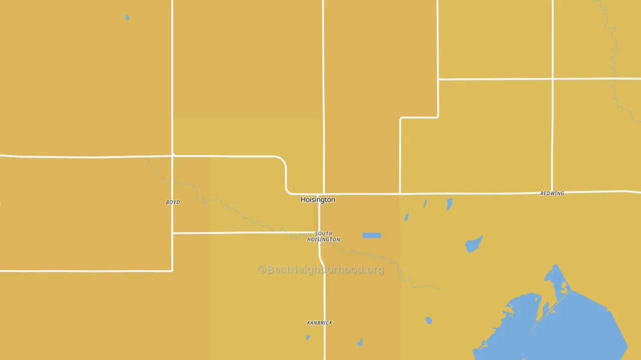 Map of the best neighborhoods in the 67544 area, with better matches in green and worse matches in red