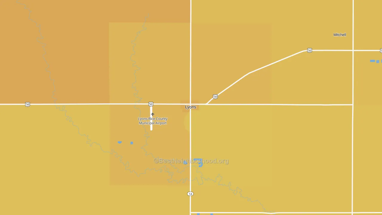 Map of the best neighborhoods in the 67554 area, with better matches in green and worse matches in red