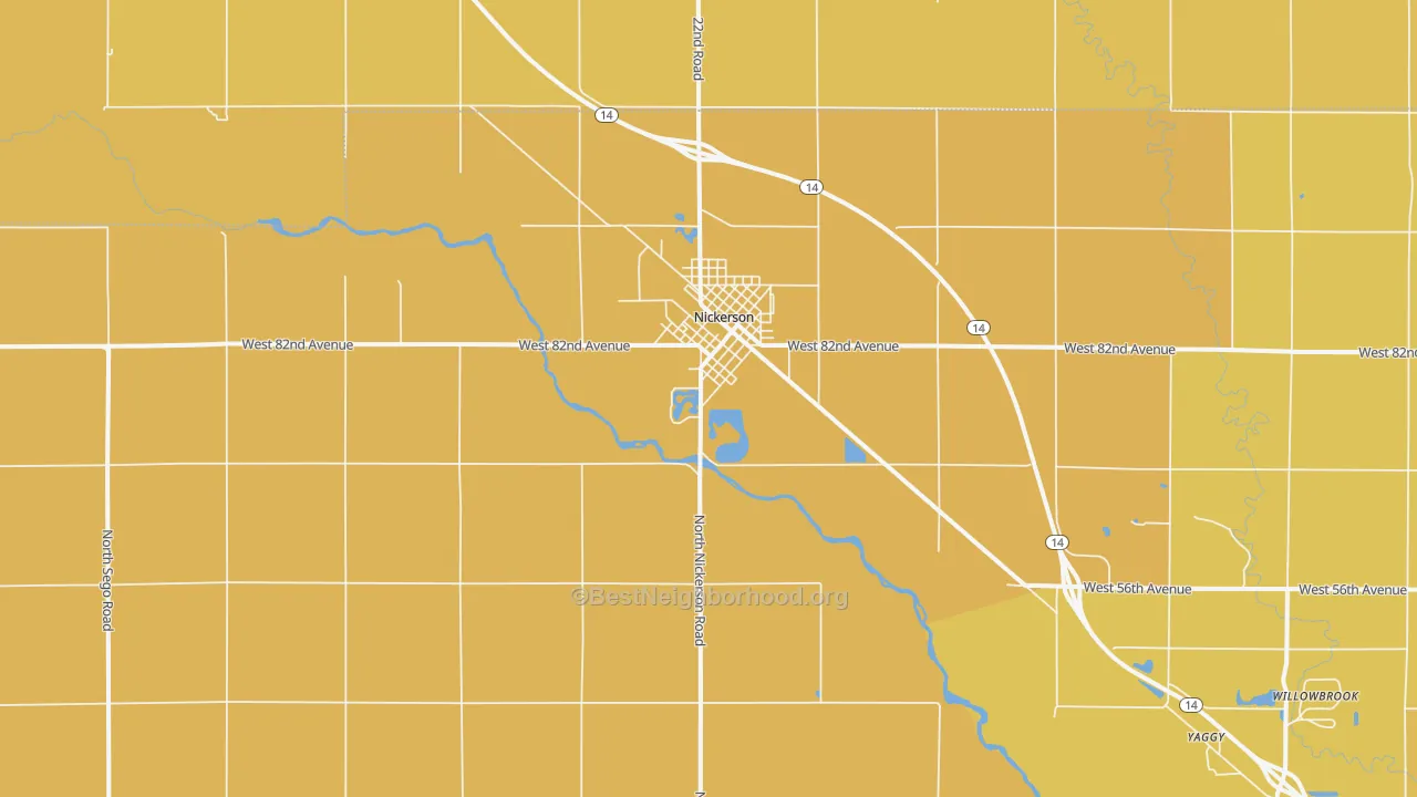 Map of the best neighborhoods in the 67561 area, with better matches in green and worse matches in red