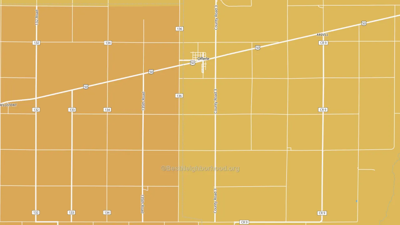 Map of the best neighborhoods in the 67563 area, with better matches in green and worse matches in red