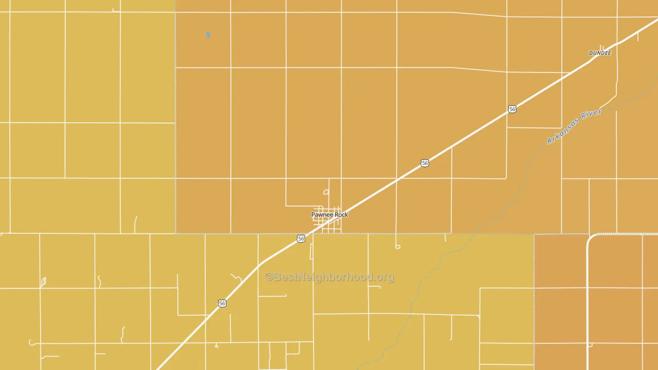 Map of the best neighborhoods in the 67567 area, with better matches in green and worse matches in red