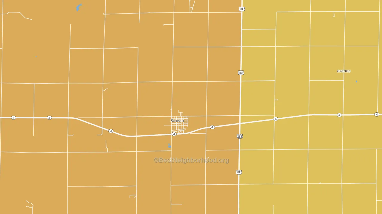 Map of the best neighborhoods in the 67572 area, with better matches in green and worse matches in red