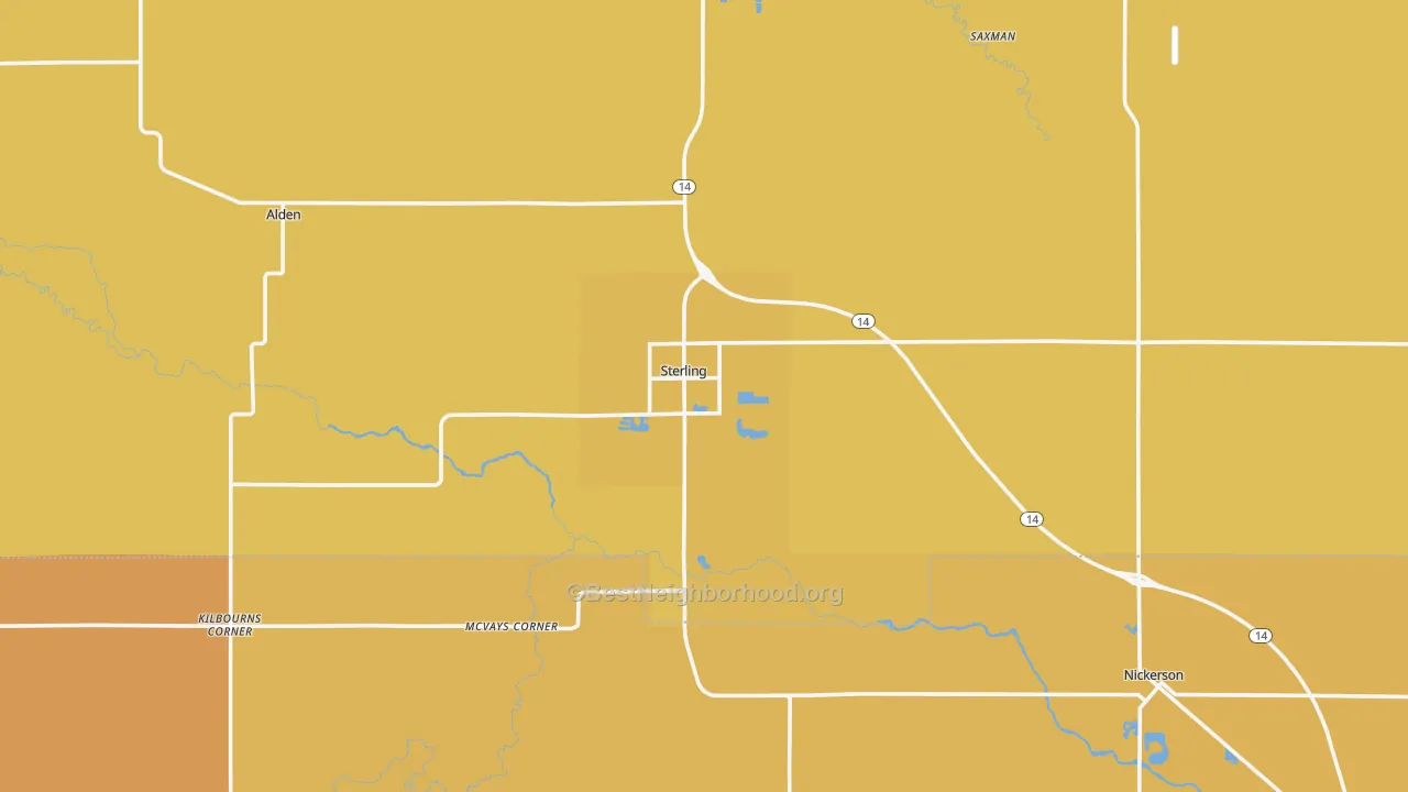 Map of the best neighborhoods in the 67579 area, with better matches in green and worse matches in red