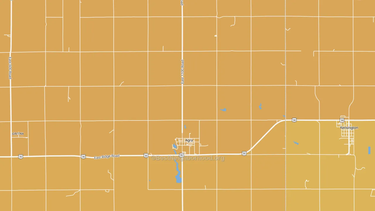 Map of the best neighborhoods in the 67621 area, with better matches in green and worse matches in red