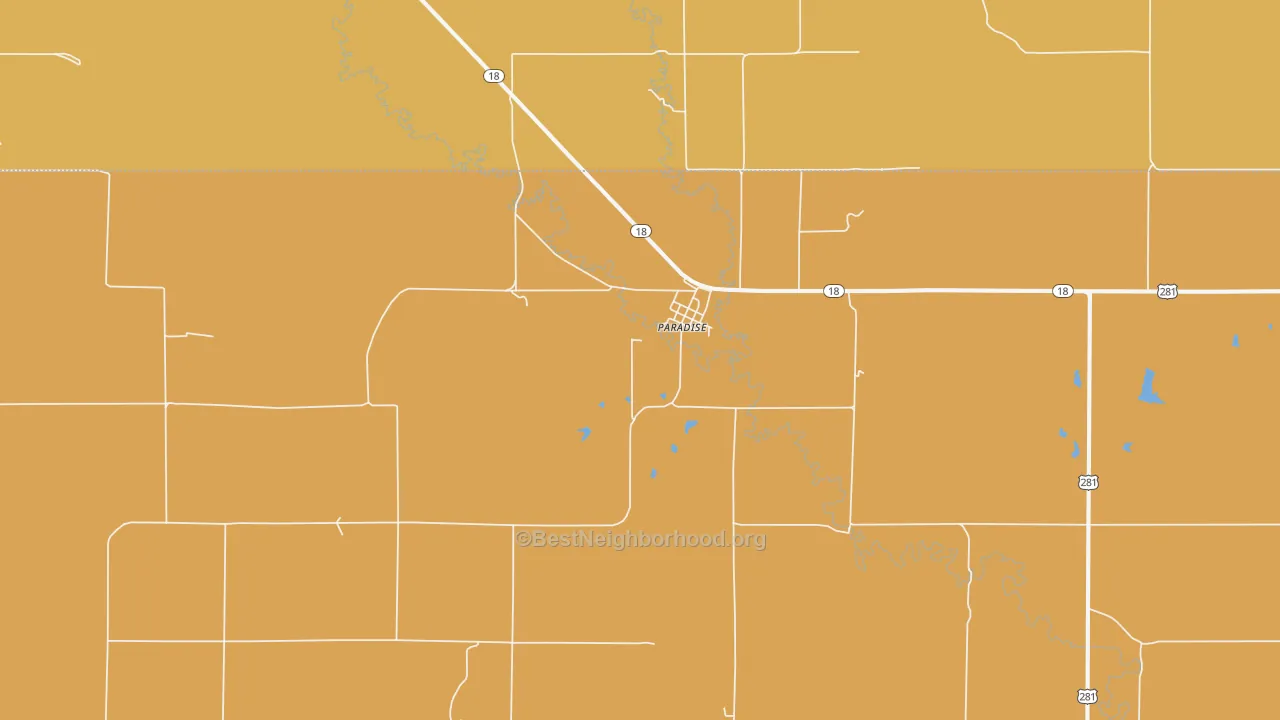 Map of the best neighborhoods in the 67658 area, with better matches in green and worse matches in red