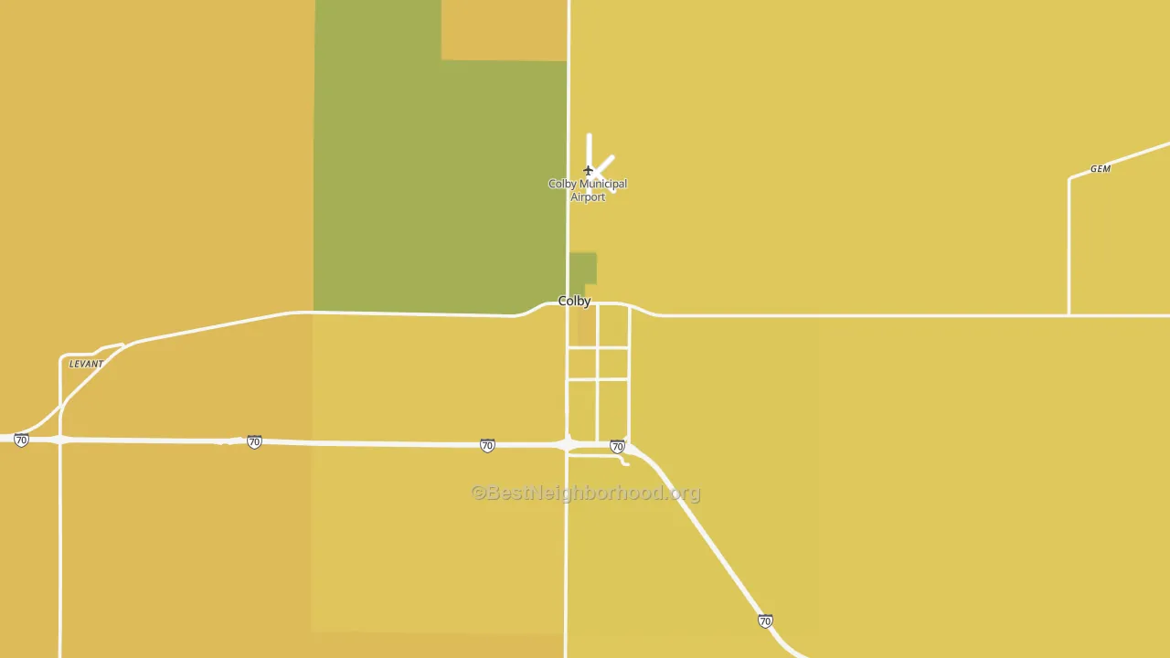 Map of the best neighborhoods in the 67701 area, with better matches in green and worse matches in red