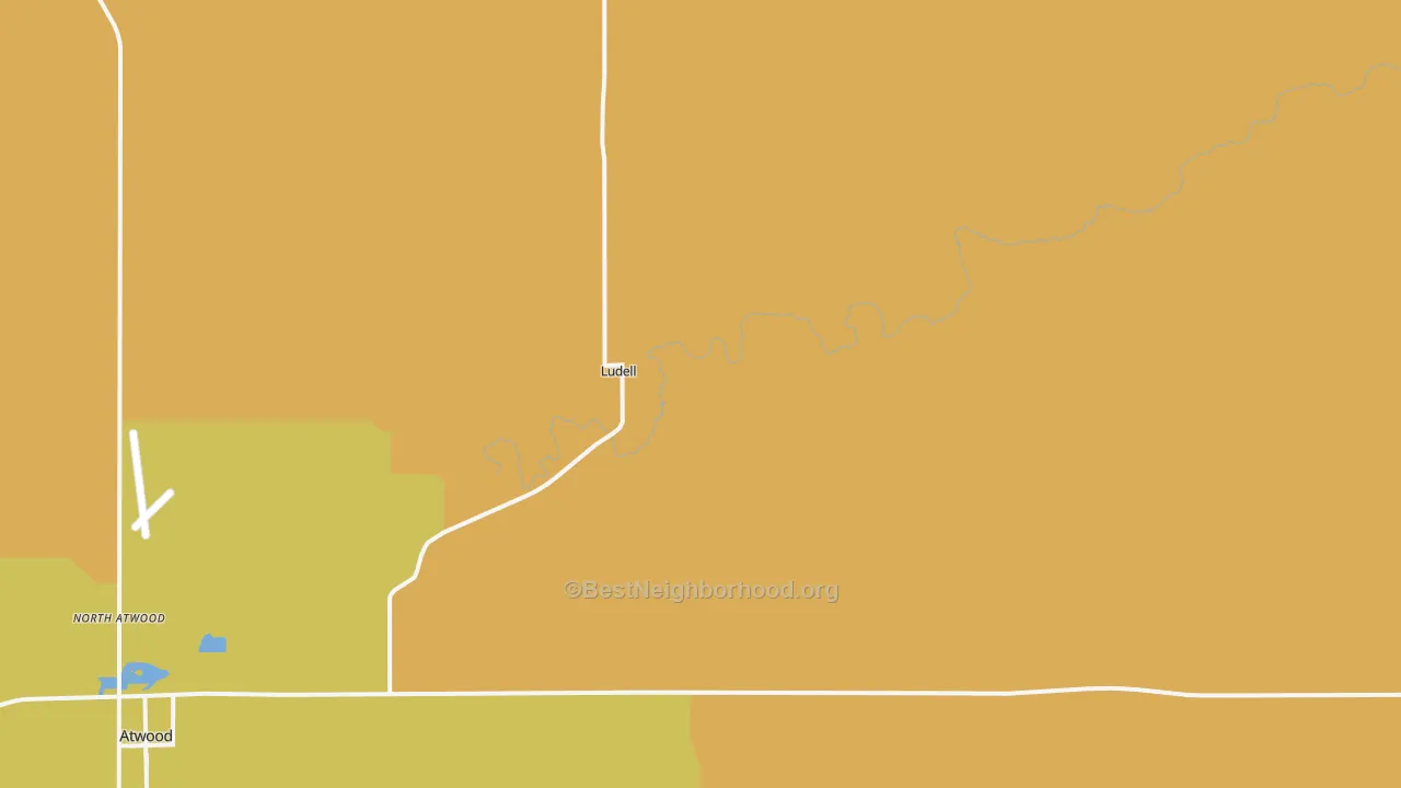 Map of the best neighborhoods in the 67744 area, with better matches in green and worse matches in red