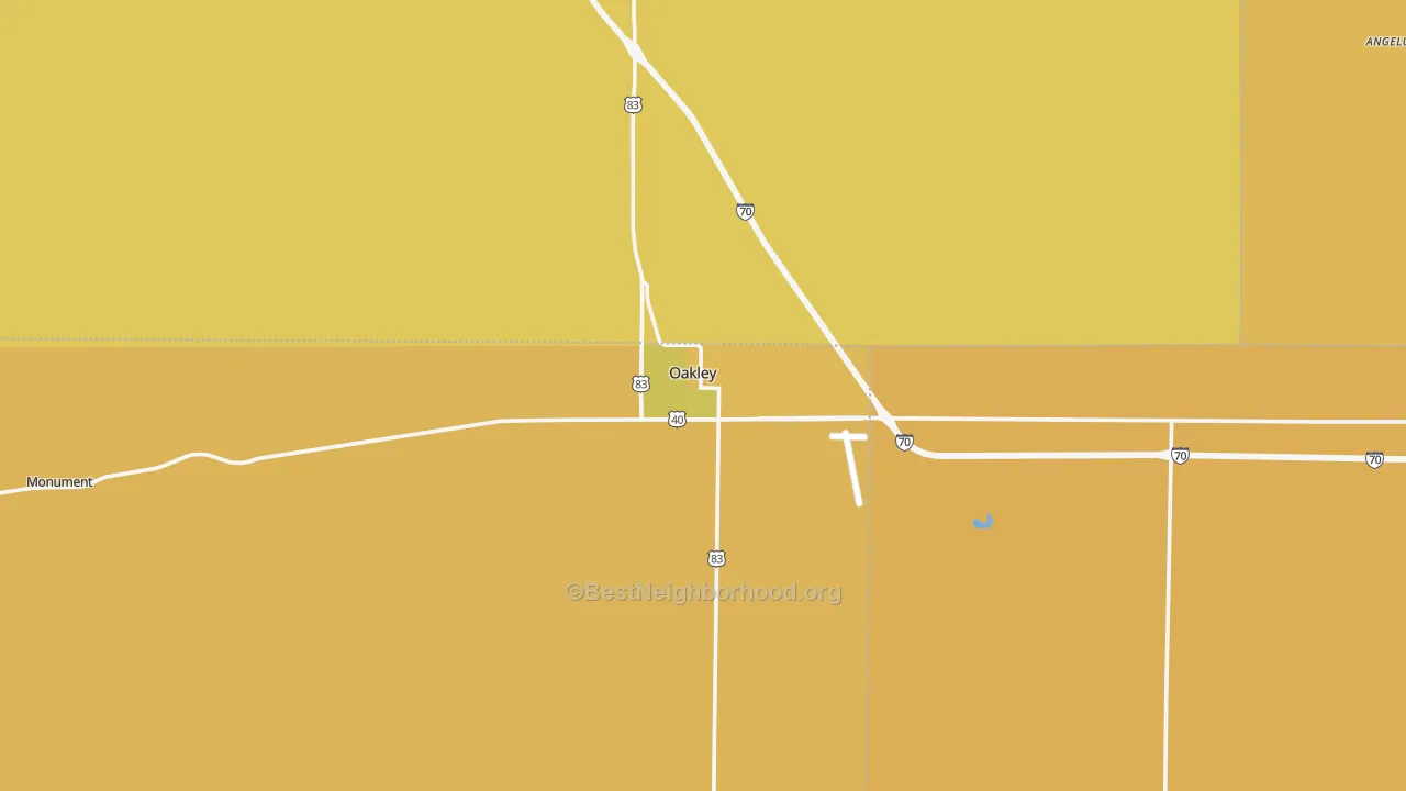 Map of the best neighborhoods in the 67748 area, with better matches in green and worse matches in red