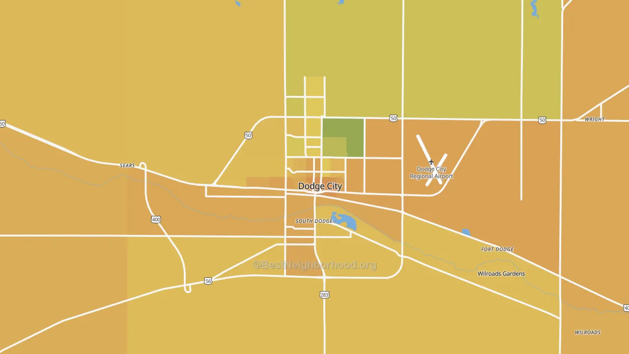 Map of the best neighborhoods in the 67801 area, with better matches in green and worse matches in red