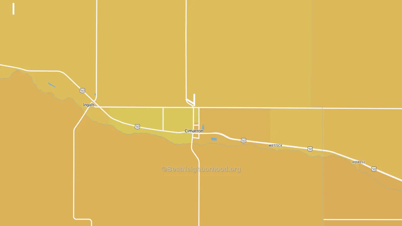 Map of the best neighborhoods in the 67835 area, with better matches in green and worse matches in red