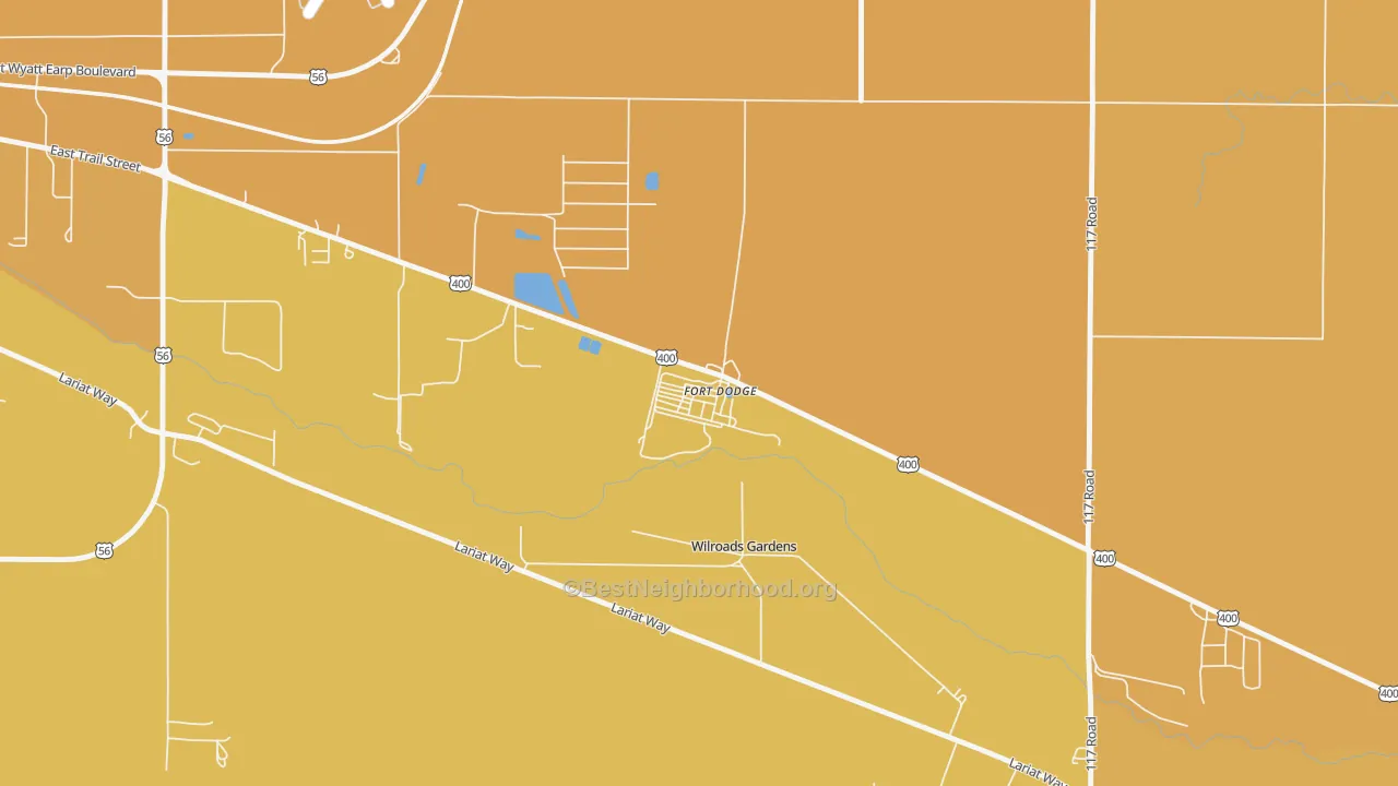 Map of the best neighborhoods in the 67843 area, with better matches in green and worse matches in red