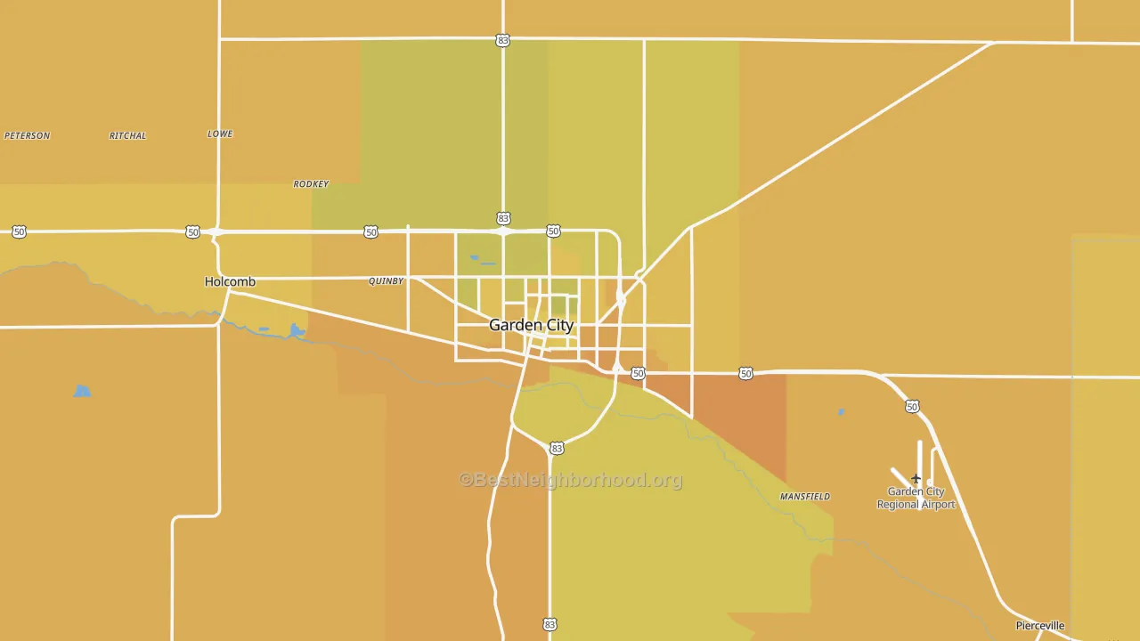 Map of the best neighborhoods in the 67846 area, with better matches in green and worse matches in red
