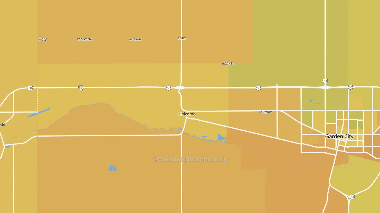 Map of the best neighborhoods in the 67851 area, with better matches in green and worse matches in red