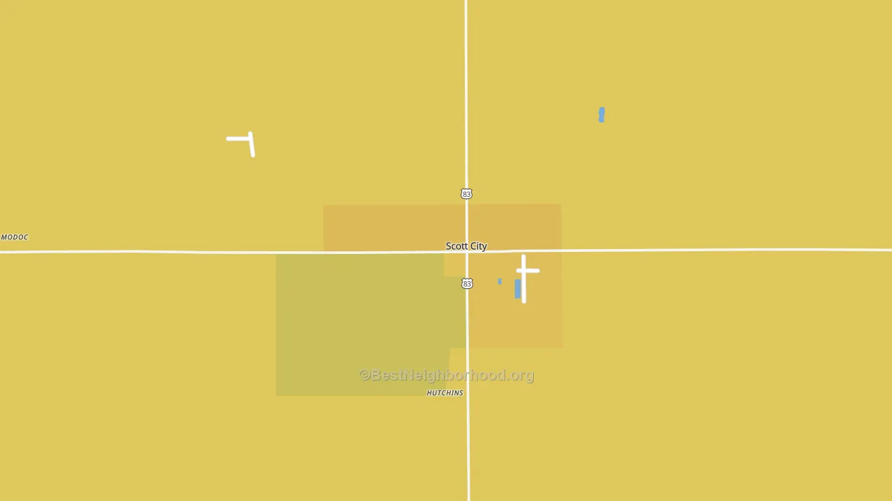 Map of the best neighborhoods in the 67871 area, with better matches in green and worse matches in red