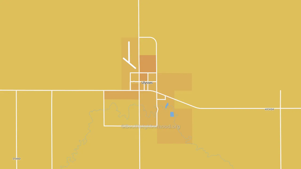 Map of the best neighborhoods in the 67880 area, with better matches in green and worse matches in red