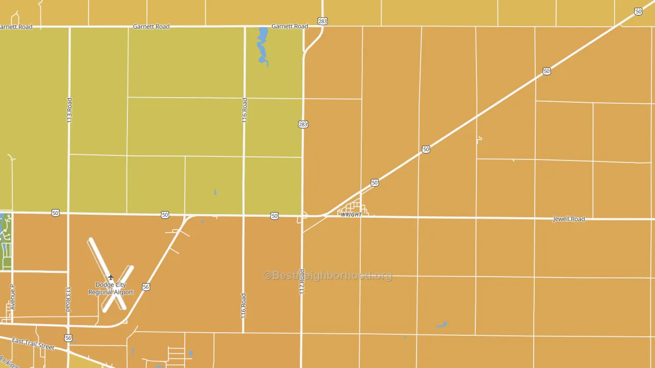Map of the best neighborhoods in the 67882 area, with better matches in green and worse matches in red