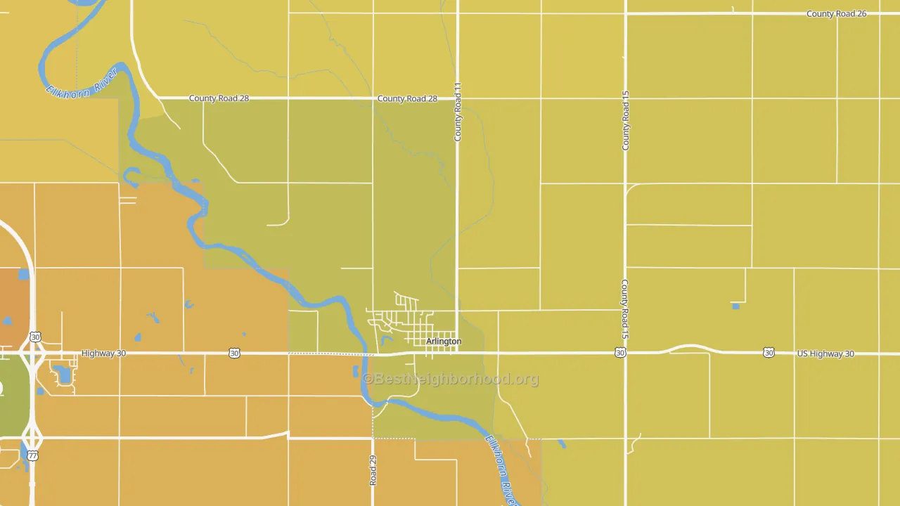 Map of the best neighborhoods in the 68002 area, with better matches in green and worse matches in red