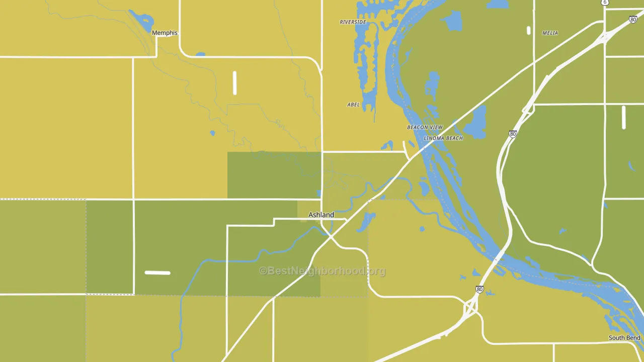 Map of the best neighborhoods in the 68003 area, with better matches in green and worse matches in red